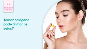 Tomar colágeno firma os seios? Imagem de uma mulher segurando uma cápsula de remédio
