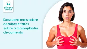 Mitos e fatos sobre a mamoplastia de aumento: tudo que você precisa saber Imagem mostrando uma moça com uma regata vermelha, segurando os seios com as duas mãos