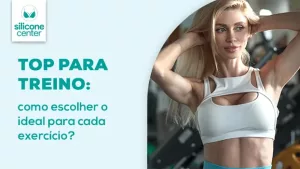 Top para treino: qual é o ideal para cada tipo de exercício? Imagem mostrando uma mulher loira, usando um top branco, dentro de uma academia