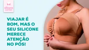Posso viajar no pós-operatório do silicone? Imagem mostrando o perfil de uma mulher, no qual ela está usando um sutiã cirúrgico